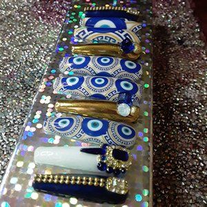 Handmade XXL Coffin Hard Gel "Evil Eye" Theme Greek symbol Press On Nails